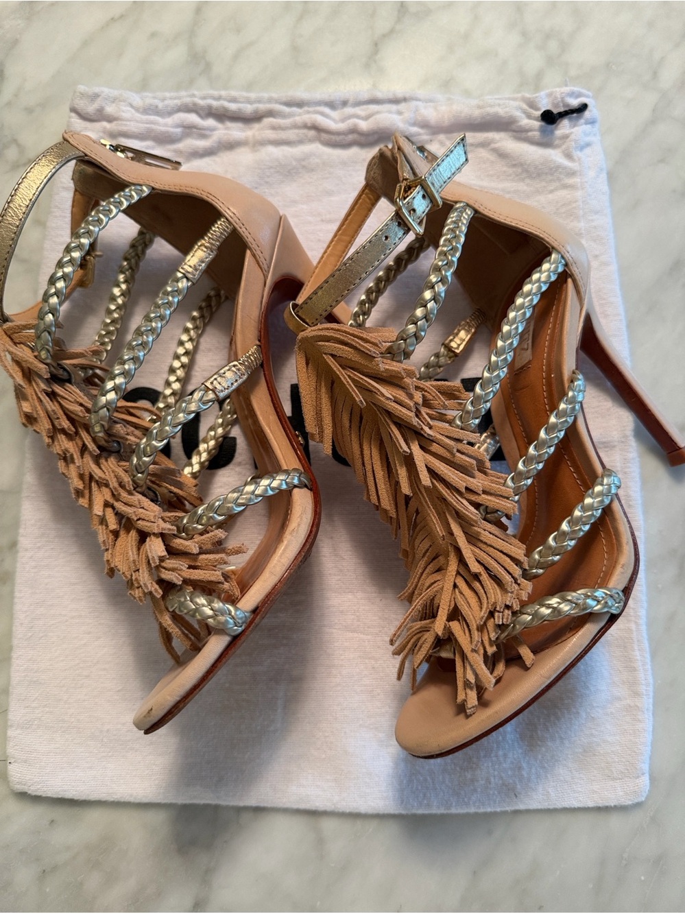SCHUTZ Nude Fringe Heels with GOLD  Braided Straps